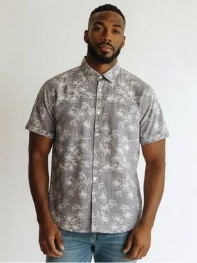 Denim & Flower Floral Shirt Mens XL Gray White Button Up Summer Aloha Casual